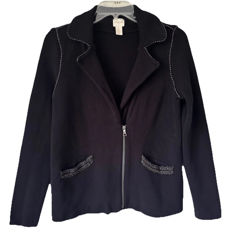 Chico's Zip Front Cotton Metallic Trim Jacket